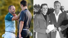 Sergio Garcia and Justin Rose hug on the green, while Gary Player and Arnold Palmer chat during The Masters