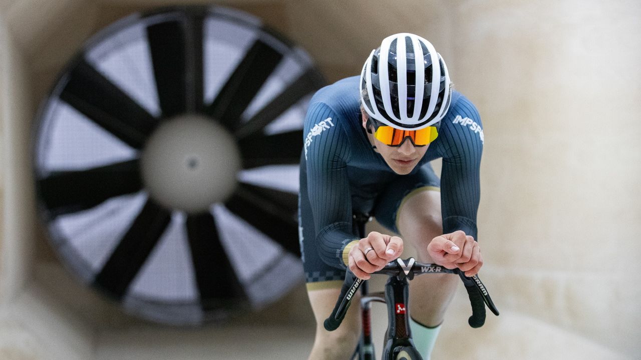 Joe riding in a wind tunnel on ultra narrow handlebars