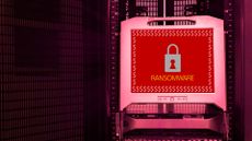 The word 'RANSOMWARE' on a red background beneath a white padlock and surrounded by dollar signs, displayed on a monitor inside a data center.
