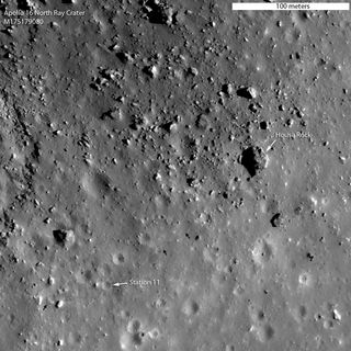 This photo shows the Apollo 16 landing site on the southeastern rim of North Ray crater, explored by Apollo 16 astronauts John Young and Charlie Duke, revealed in a new low-altitude image by the Lunar Reconnaissance Orbiter released on March 8, 2012. Area
