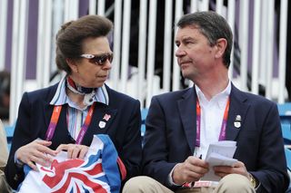 Princess Anne (L) and Vice Admiral Sir Timothy Laurence at the Show Jumping Eventing Equestrian on Day 4 of the London 2012 Olympic Games
