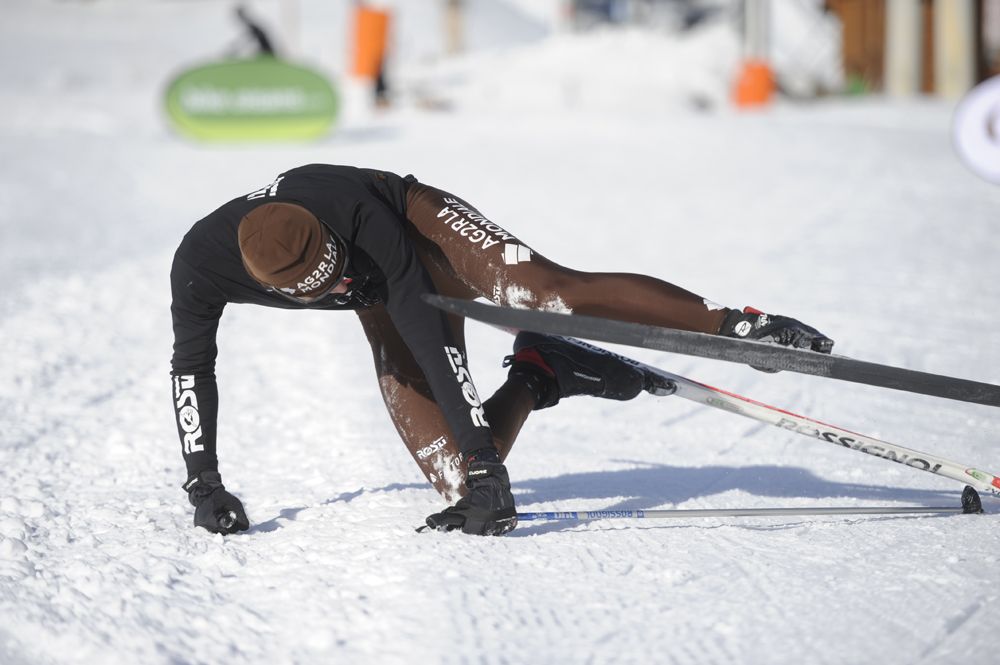 Oliver Naesen takes a tumble in the cross-country ski race