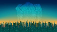 Illustration of a code cloud raining over a city