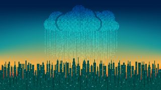 Illustration of a code cloud raining over a city