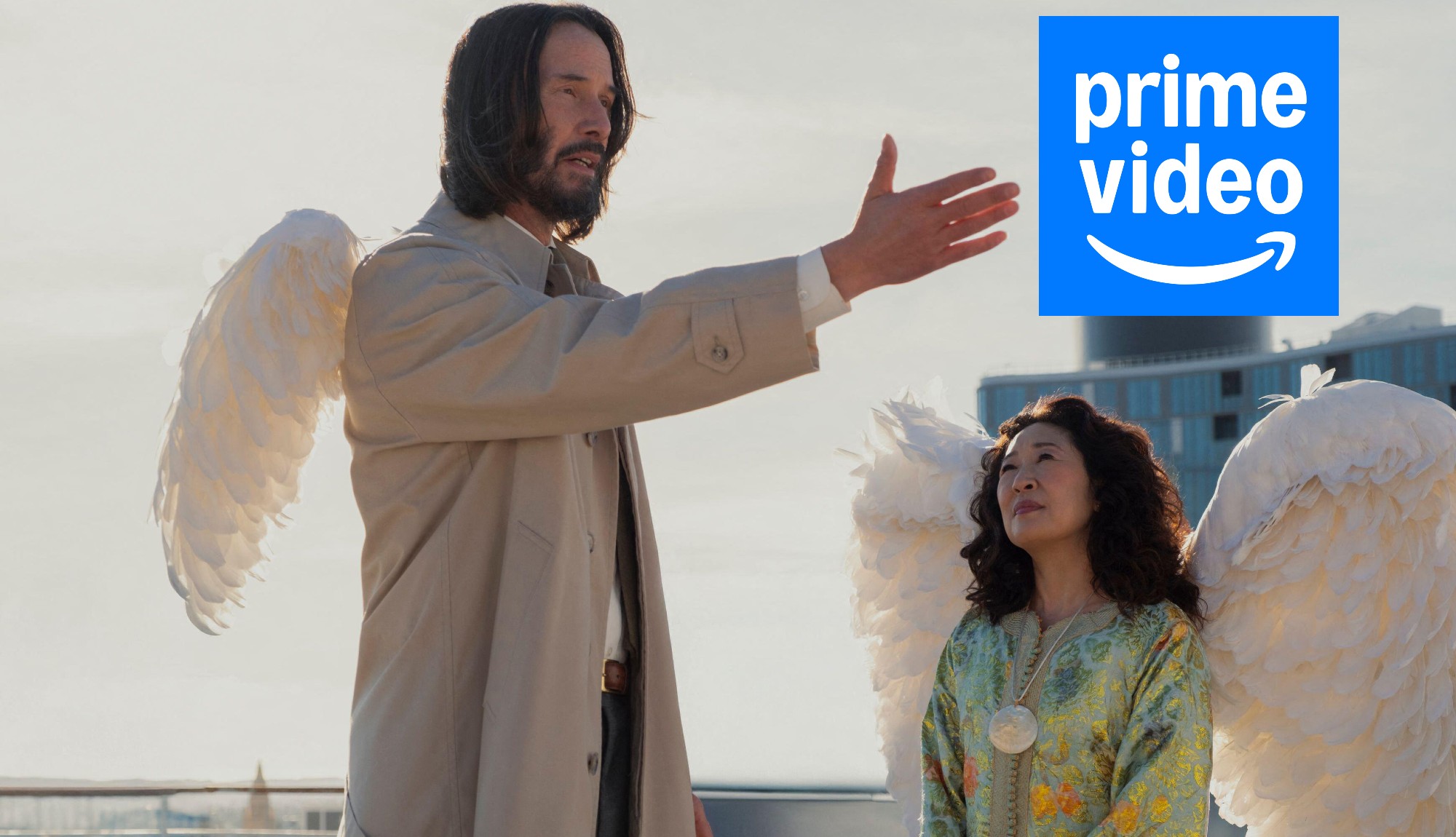 Keanu Reeves as Gabriel Sandra Oh as Martha with the Prime Video logo overlaid in Good Fortune (2025)