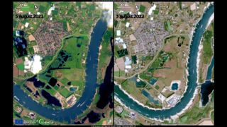 A comparison of satellite images capturing the river Rhine in August 2021 and 2022.