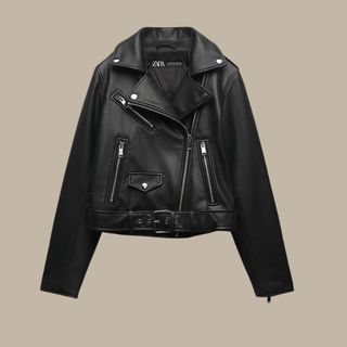 Flat lay image of a leather jacket 