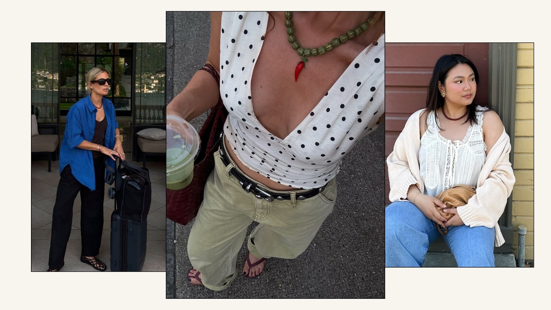 Influencers @lucywilliams02, @rebeccaferrazwyatt, @marina_torres wear beaded necklaces with blouses and tops.