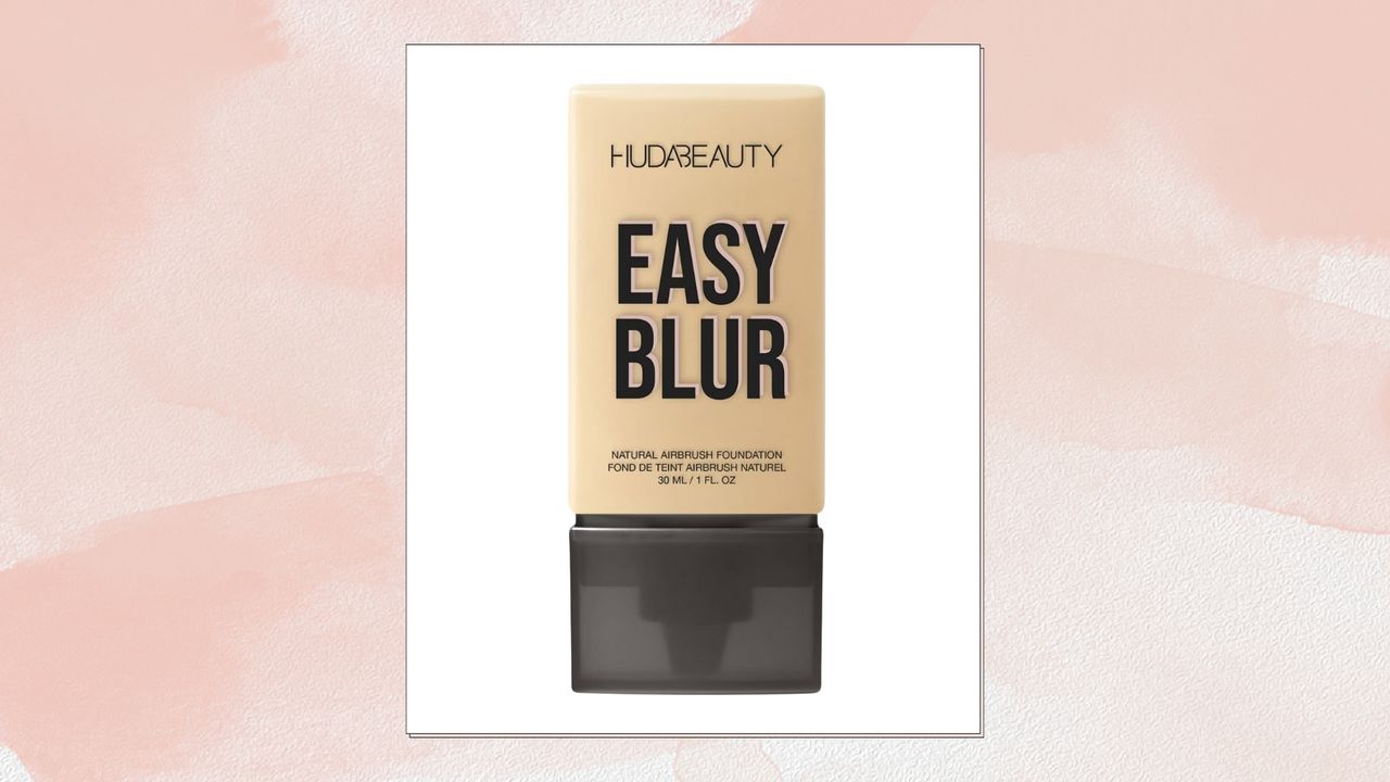 Image of Huda Beauty Easy Blur Foundation in shade &#039;Creme Brulee&#039; on a pink watercolour background