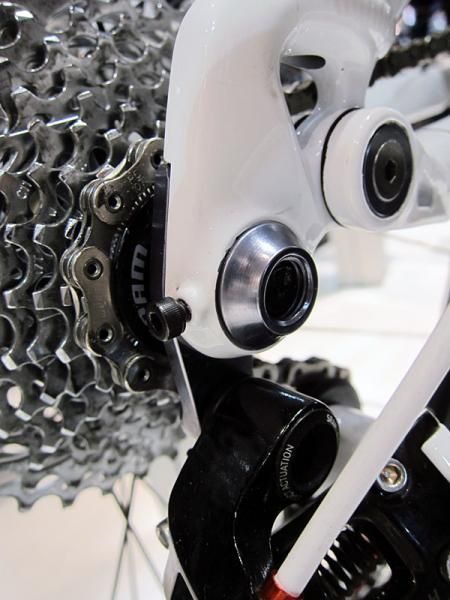 The 142x12mm thru-axle skewers on Rocky Mountain's latest Element full-suspension bikes are clockable just like Fox forks. The small bolt at the rear of the dropout locks in the rotational position.