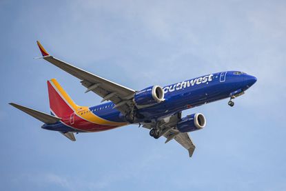 A Southwest plane seen coming in for a landing. 