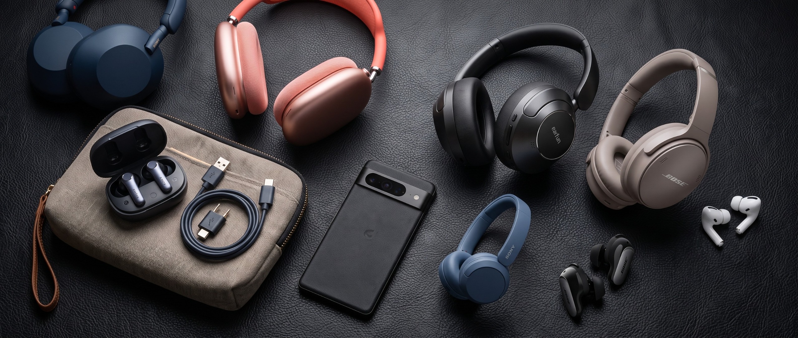 A selection of headphones and earbuds on a black desk