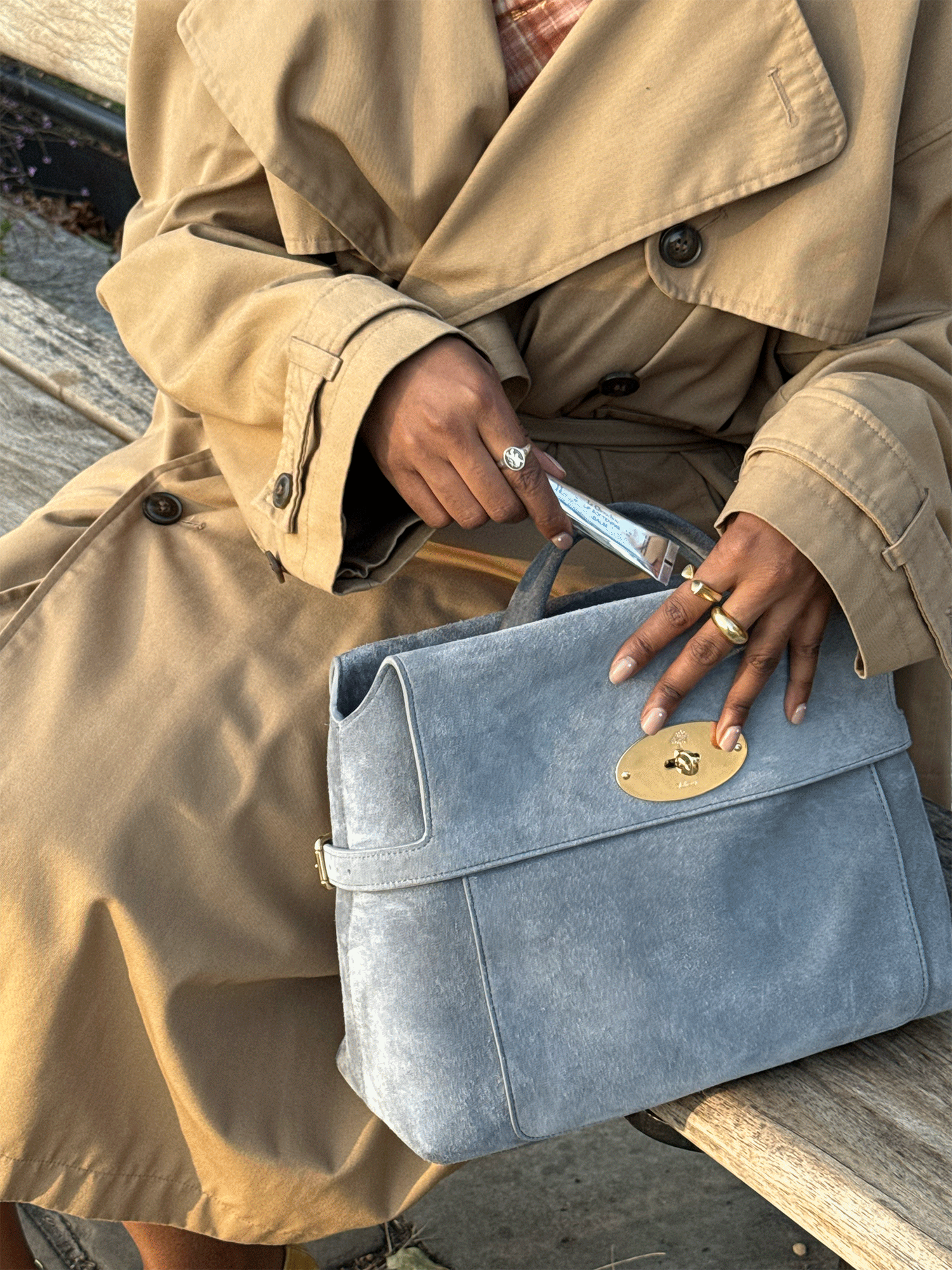 A fashion editor styles the Mulberry Stevie Top Handle in Foggy Grey Suede