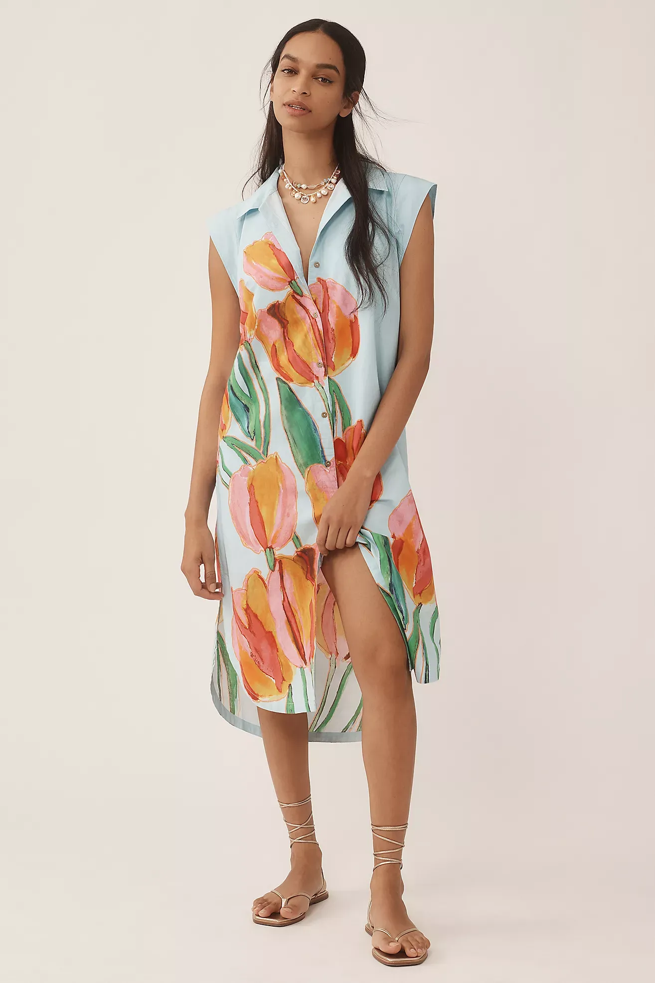 The Lillian Cap-Sleeve Button-Front Midi Dress by Maeve
