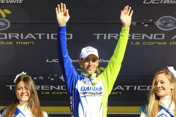 Vincenzo Nibali on the podium after winning stage 5 at Tirreno-Adriatico.