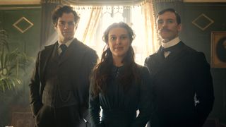 Henry Cavill, MIllie Bobby Brown, and Sam Claflin in Enola Holmes