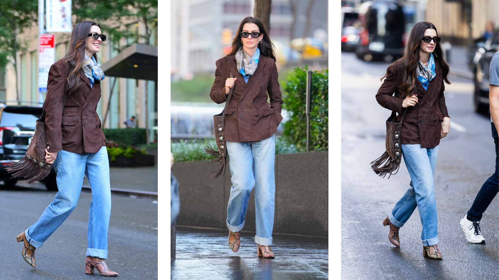 Anne Hathaway in a suede jacket, jeans, scarf and sunglasses