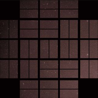 A field of 4.5 million stars through the view of a segmented telescope -- rectangle photos of stars arranged on a black field. Kepler Space Telescope opened its "eyes" and captured this "First Light" on a patch of sky in the Cygnus field in 2009. It tracked 170,000 of the 4.5 million stars in this view for signs of dimming, looking for exoplanets, until 2013.