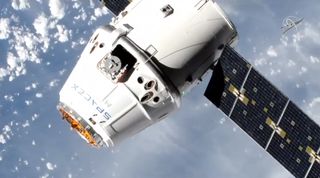 An uncrewed SpaceX Dragon cargo ship makes its second trip to the International Space Station for NASA on the CRS-17 mission in this view captured during rendezvous operations on May 6, 2019.