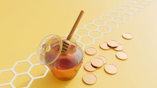 A 3d rendering of "sweet returns" or "liquid gold," the combination of the honey (the lure) and the coins (the asset) is a classic visual metaphor for a honeypot scam.