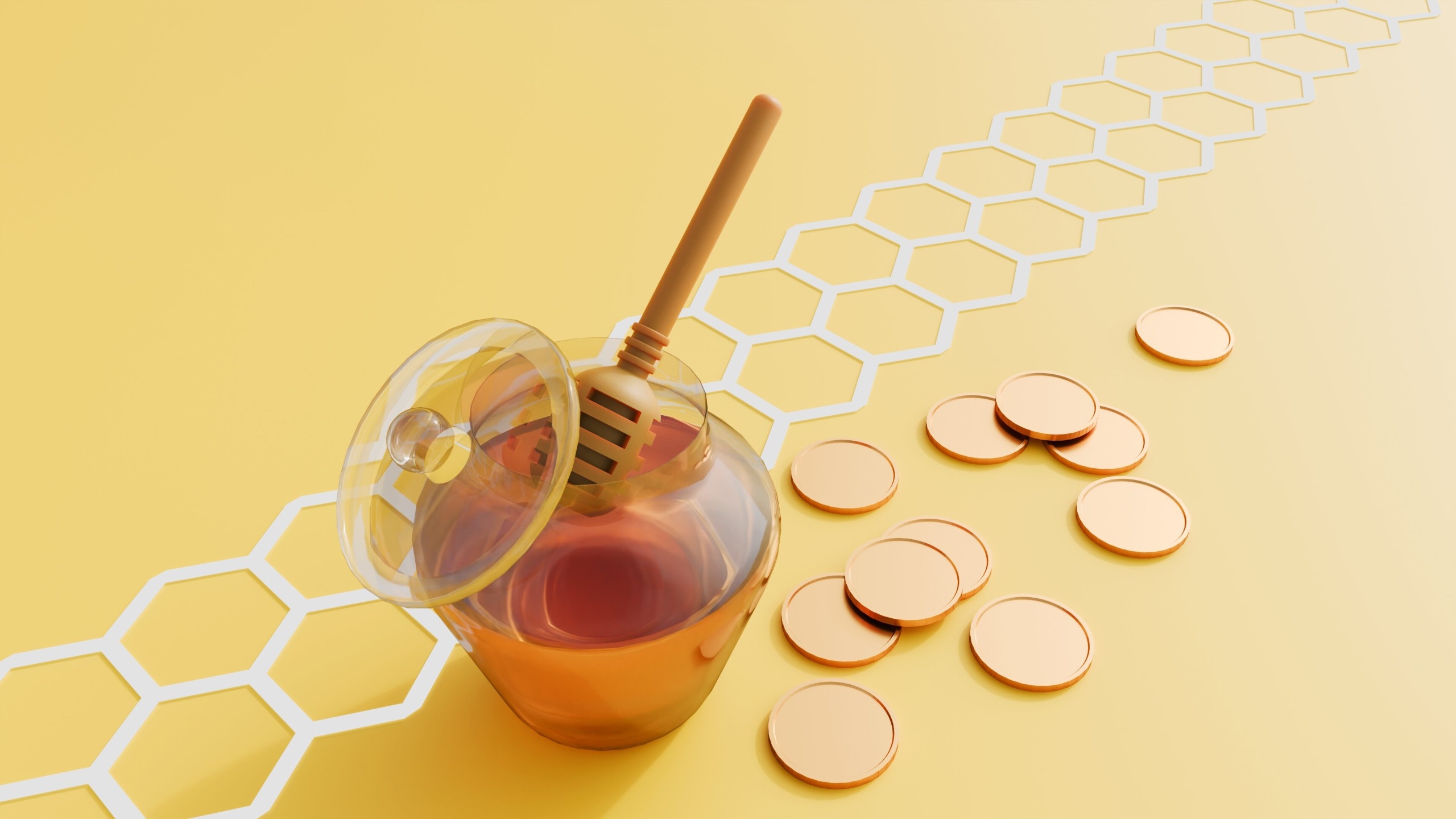 A 3d rendering of "sweet returns" or "liquid gold," the combination of the honey (the lure) and the coins (the asset) is a classic visual metaphor for a honeypot scam.