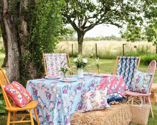tablecloths, cushions and deck chairs with patterned fabric