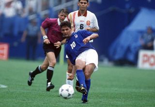 Roberto Baggio in action for Italy against Spain at the 1994 World Cup.