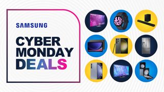 Assorted Samsung products on white background with Cyber Monday deals text overlay