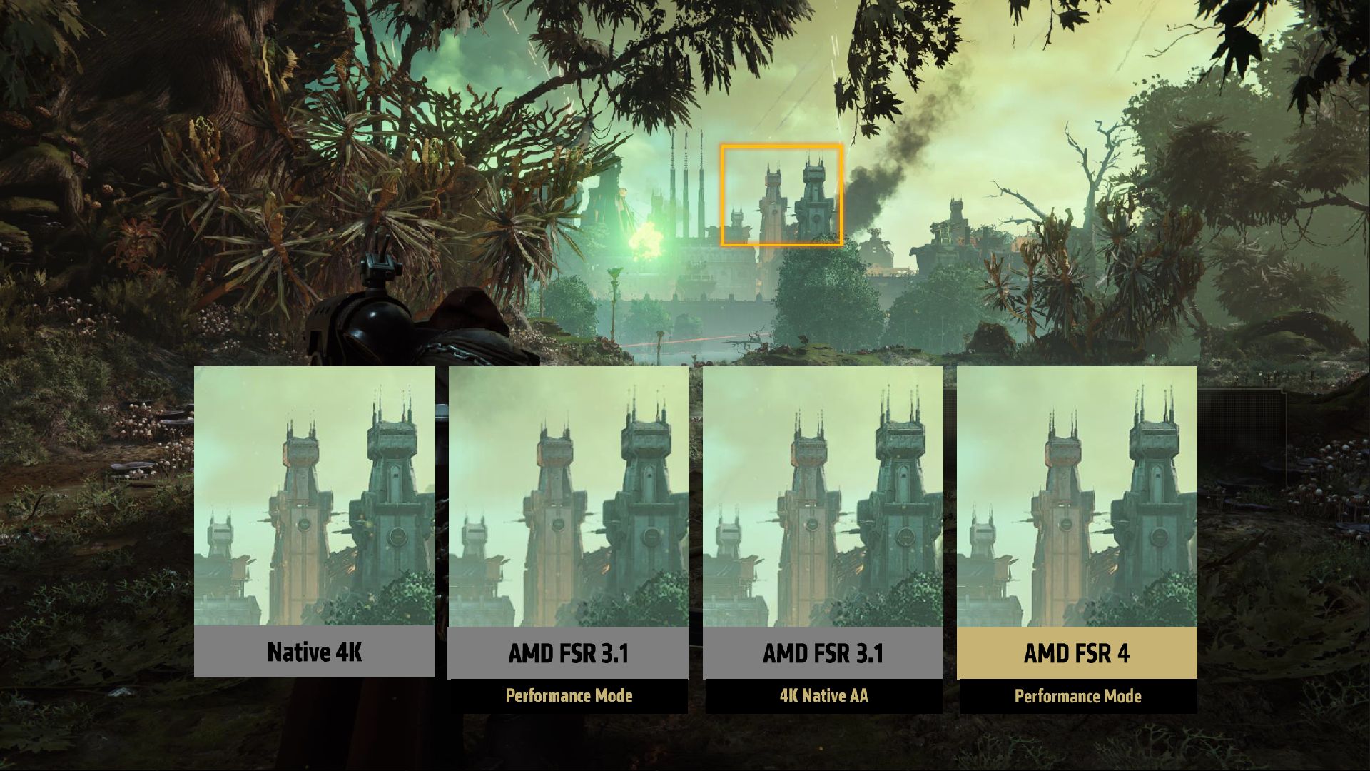 A slide from an AMD presentation showing much improved spire rendering using FSR 4 compared to other upscalers in Space Marine 2
