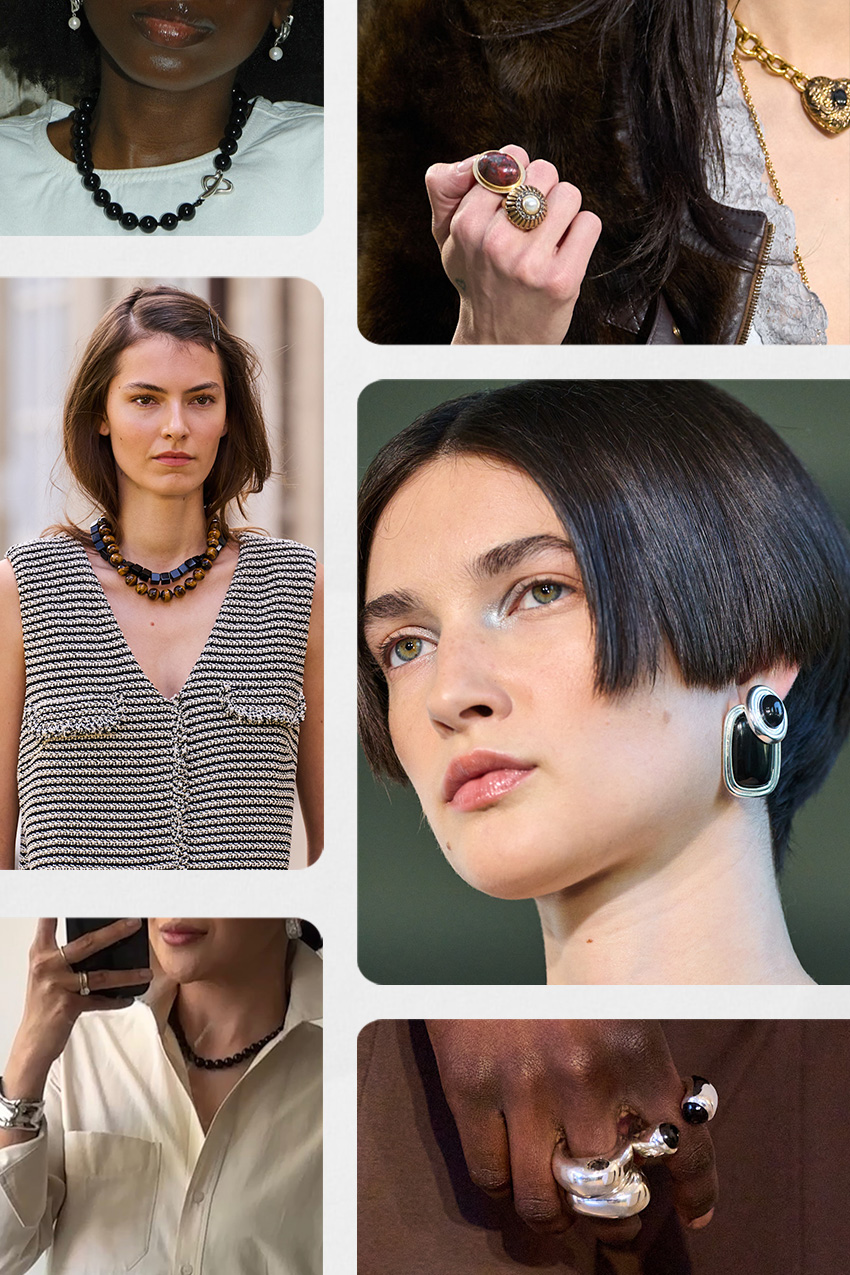 Jewelry trends for 2026 is shown in a collage of the moody gemstone jewelry trend