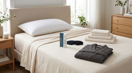 A bed in a room decorated with a pillow, robe, eye mask, bed sheets, and pillow spray, Edited by Gemini