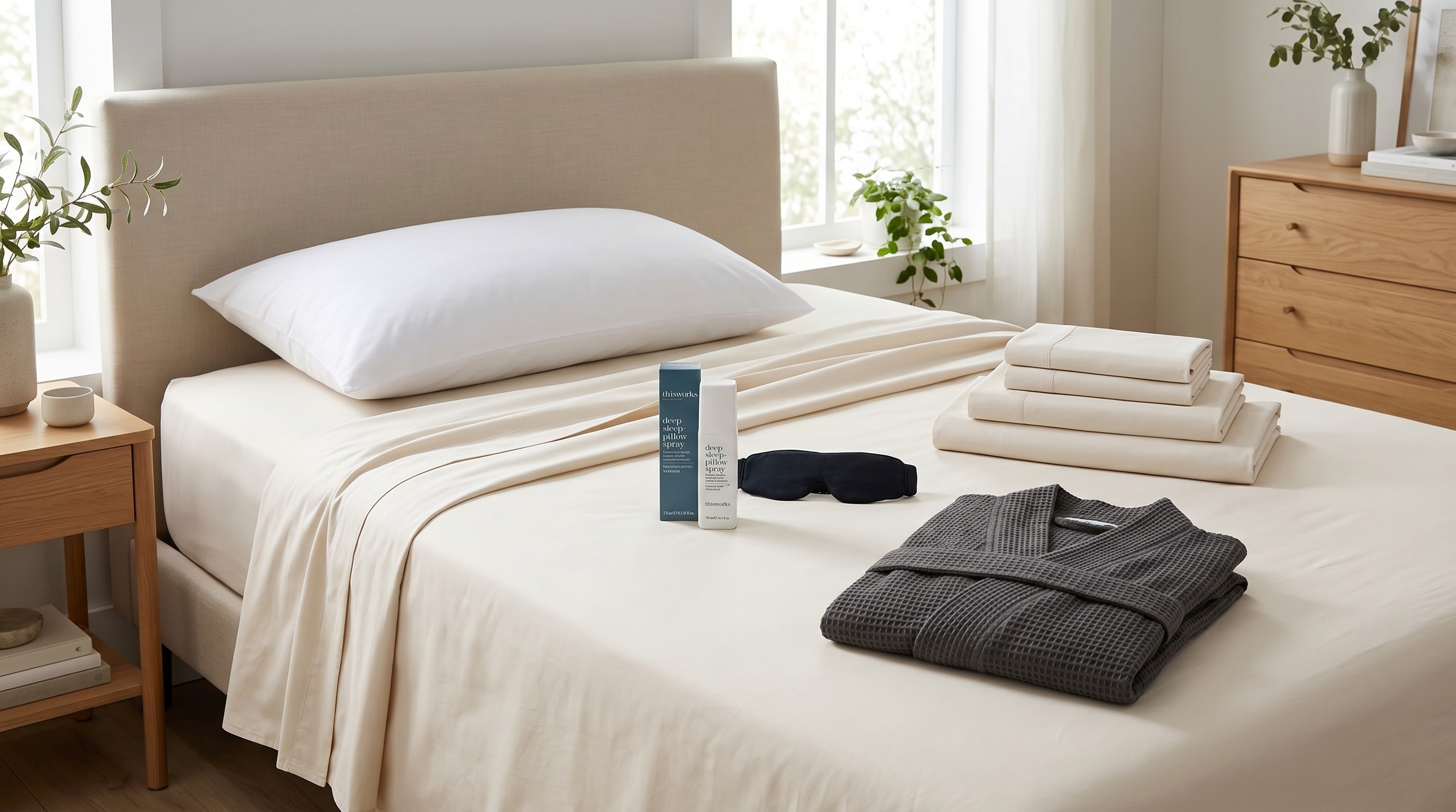 A bed in a room decorated with a pillow, robe, eye mask, bed sheets, and pillow spray, Edited by Gemini