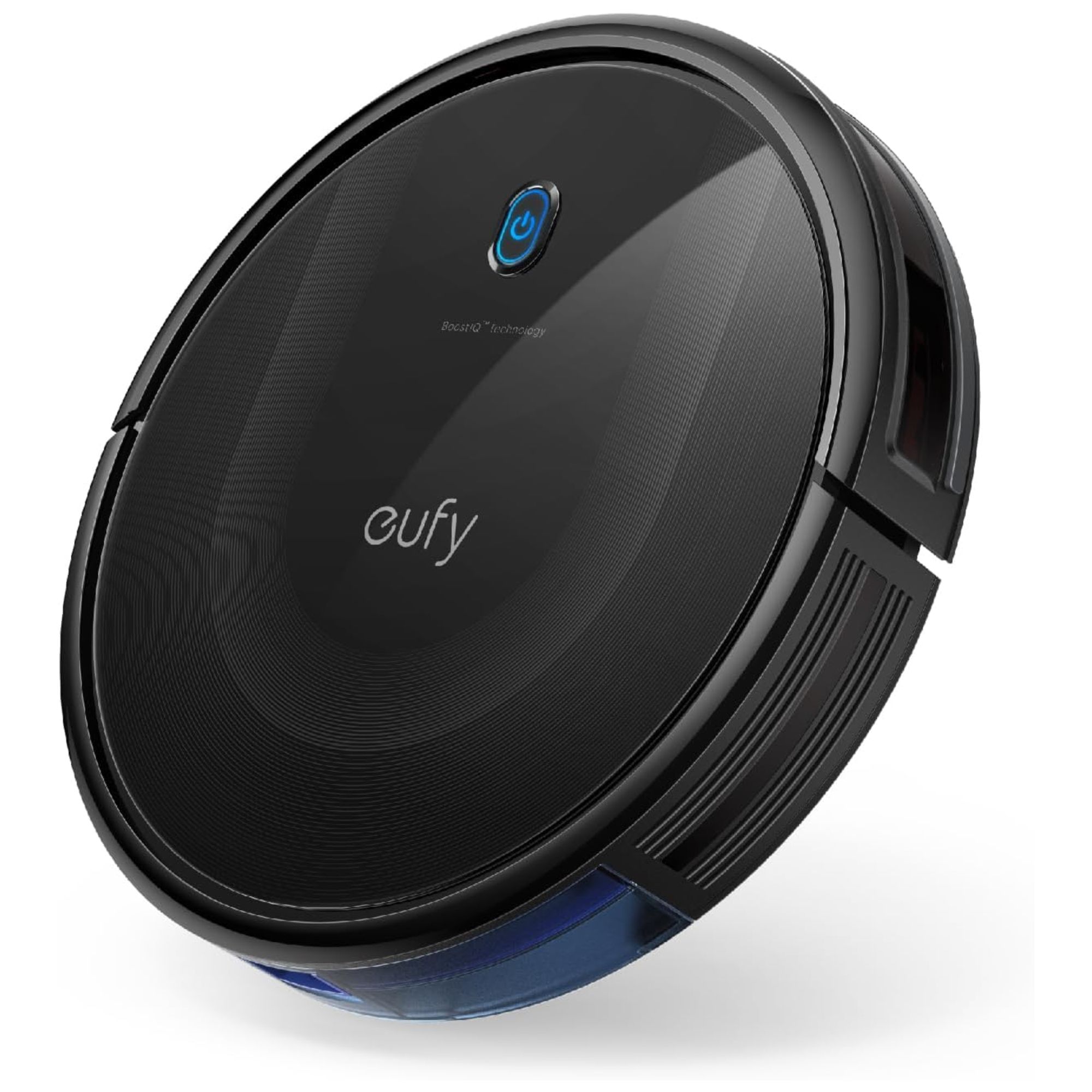 A black robot vacuum