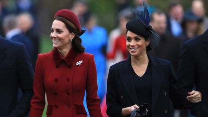 Catherine, Duchess of Cambridge and Duchess Meghan of Sussex arrive to attend Christmas Day Church service at Church of St Mary Magdalene on the Sandringham estate on December 25, 2018 in King's Lynn, England