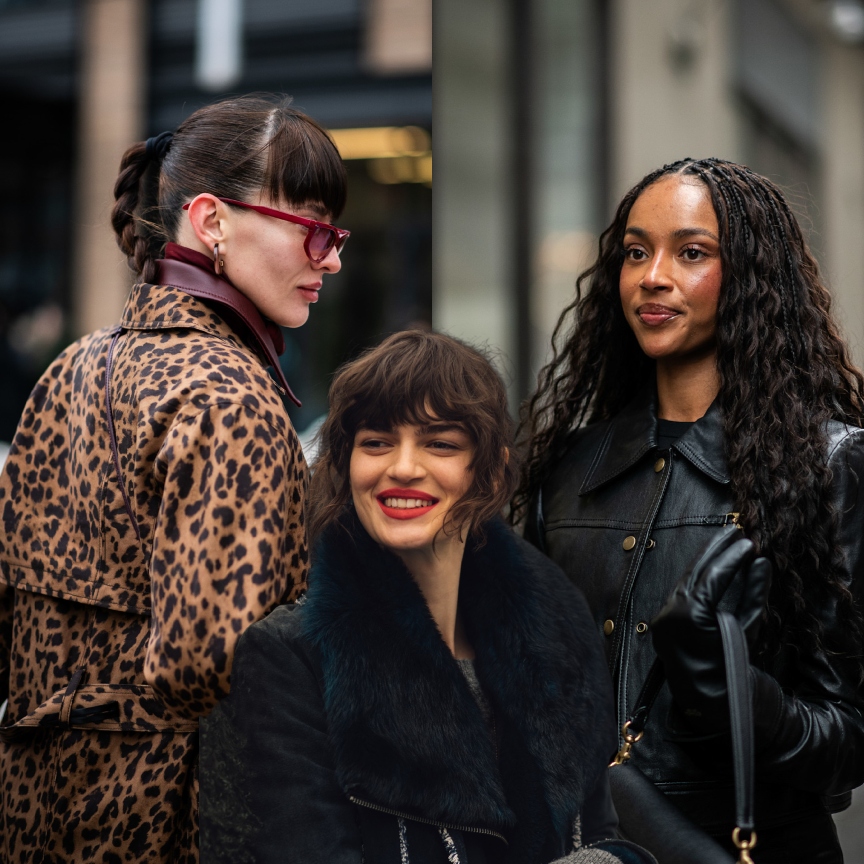 a collage of three stylish women wearing dark coats and sunglasses during new york fashion week