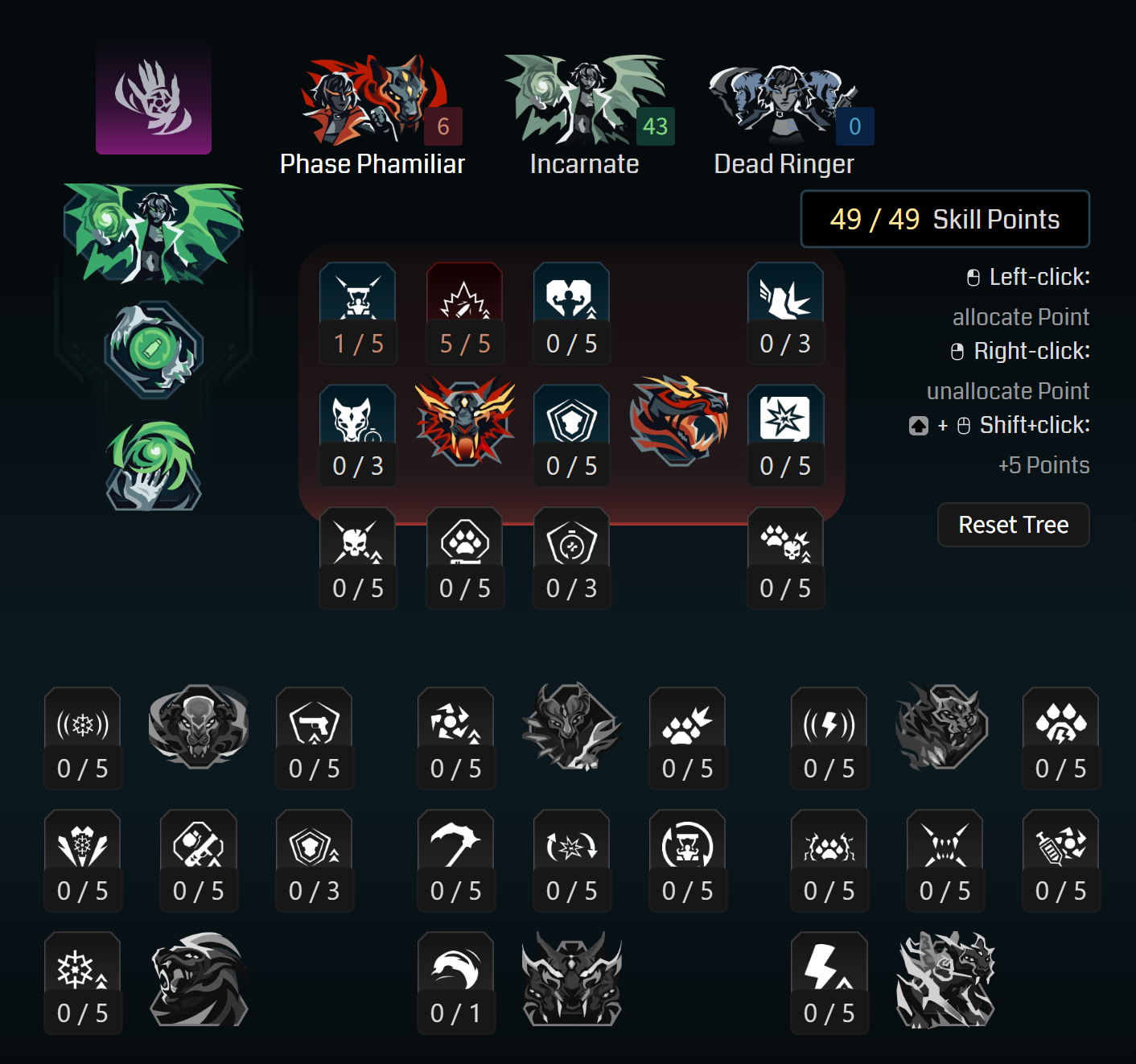 Borderlands 4 Vex builds: A screenshot of Vex's Phase Phamiliar tree for her Witchy Trigger Finger build from Maxroll's builder.
