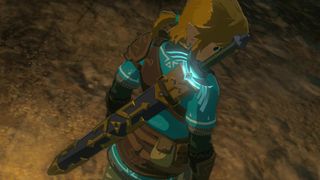 Link looks back at the Master Sword in Zelda Tears of the Kingdom