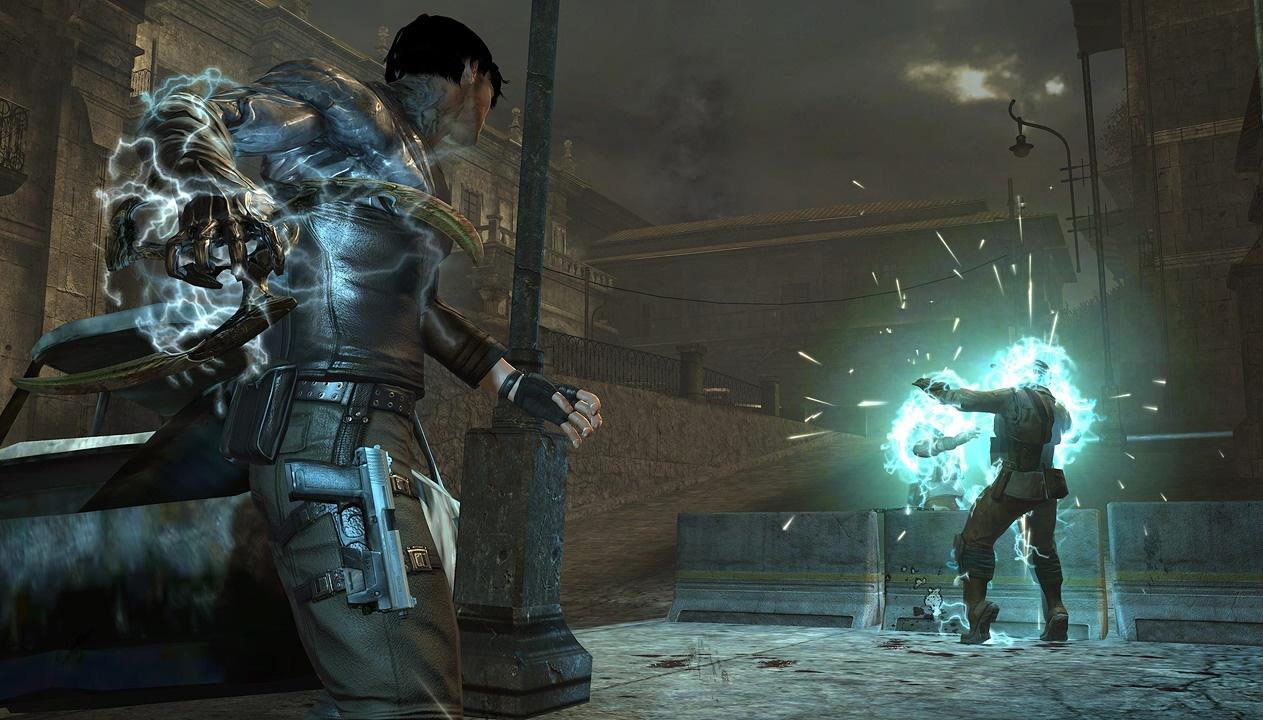 The hero of Dark Sector attacking an enemy guard.