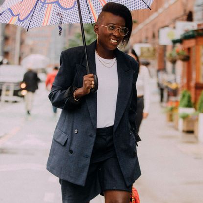 collage of nikki ogunnaike wearing shorts 