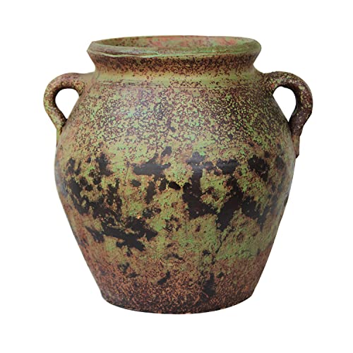 Egyptian Era Designed Earthen Ware Terra-Cotta Vessel/planter With Looped Handles (fat Belly Winter Green)