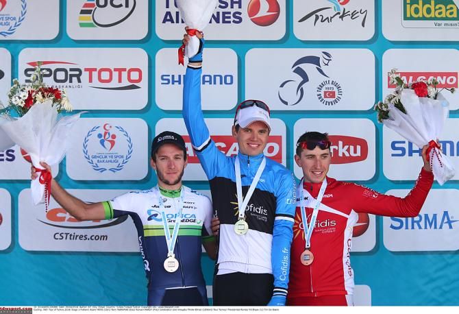 Tour of Turkey Stage 3 podium: Adam Yates (Orica-GreenEdge), Rein Taaramae (Cofidis, Solutions Credits), Romain Hardy (Cofidis, Solutions Credits)