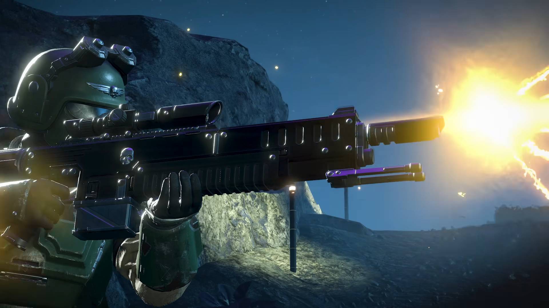 Helldivers 2 Warhammer 40,000 crossover Warbond sharpshooter trooper firing hot shot marksman rifle laser gun