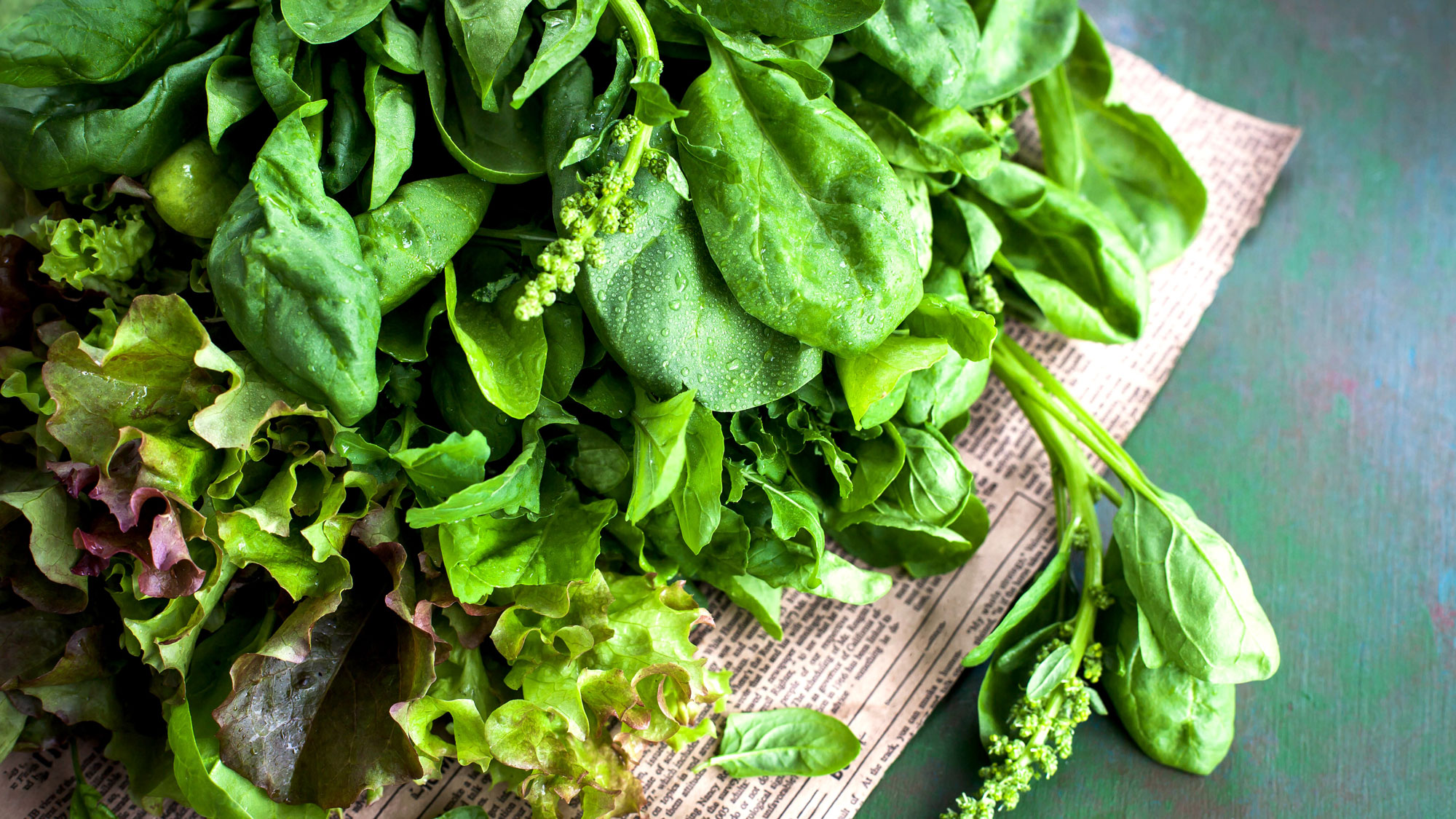 salad leaves on paper on top of pale blue table