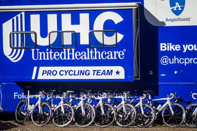 Bikes are lined up along the team RV for another day of training