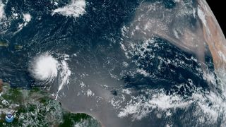 NOAA's GOES-East satellite spotted Tropical Storm Dorian over the Caribbean Sea on Aug. 27, 2019.