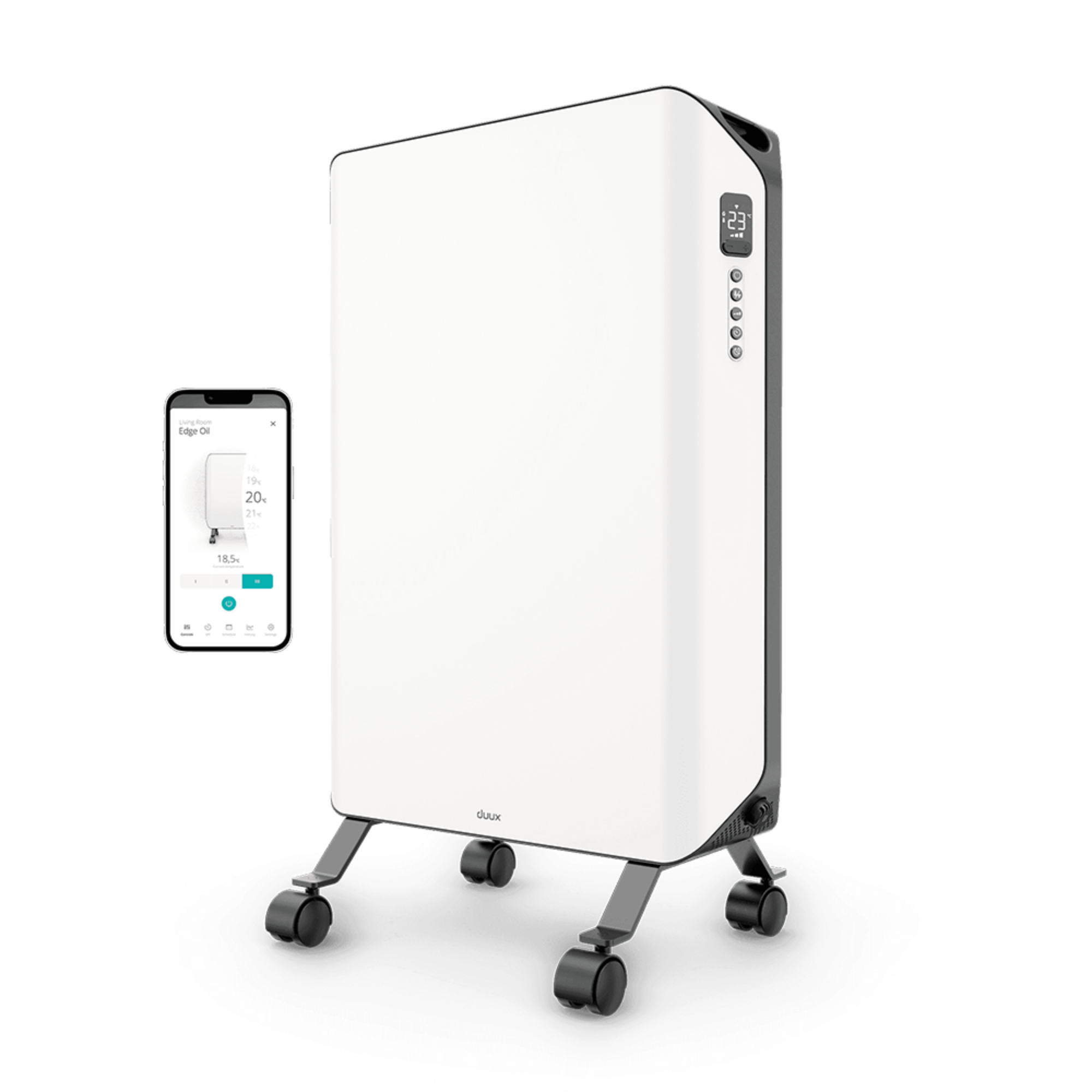 Product shot of white Duux Edge Oil Filled Radiator 2000W and app features