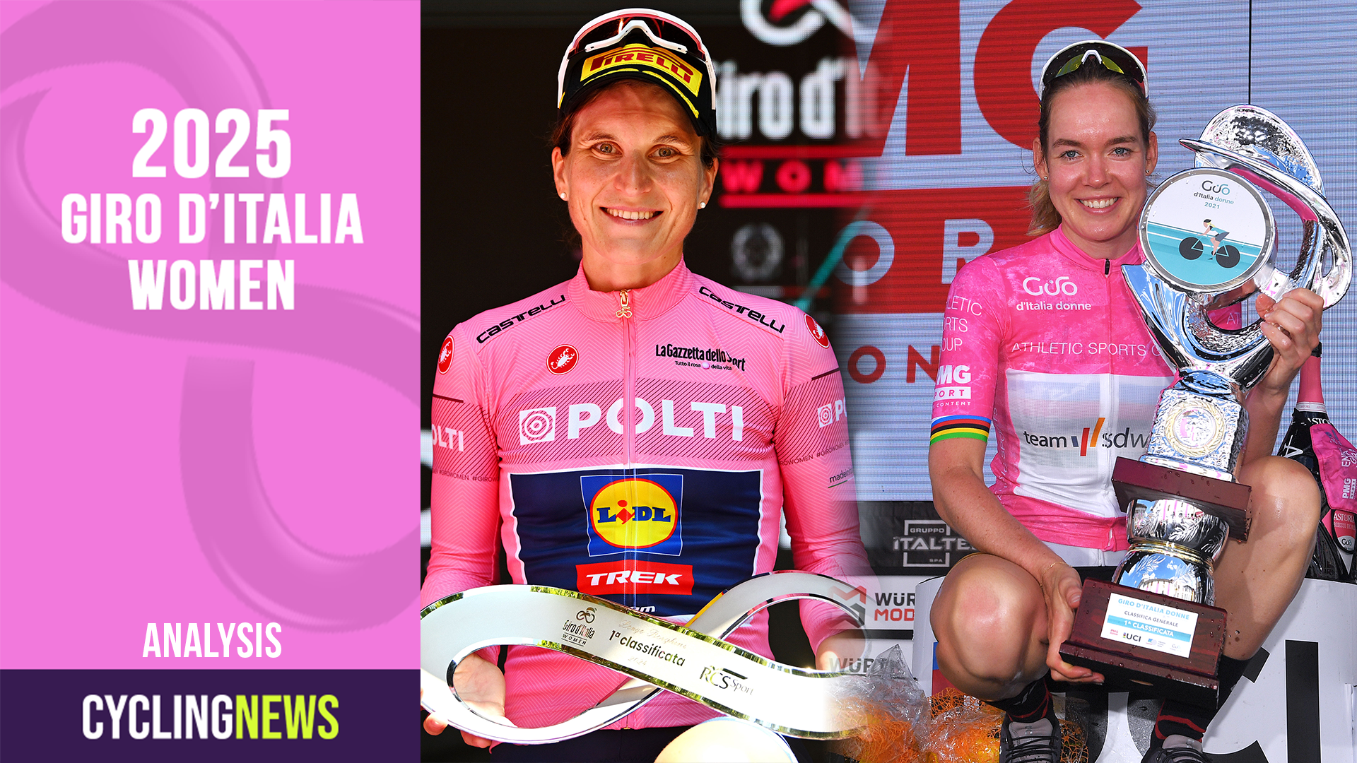 Composite image of Elisa Longo Borghini and Anna van der Breggen both in pink jerseys and holding trophies as winners of the Giro d'Italia Women
