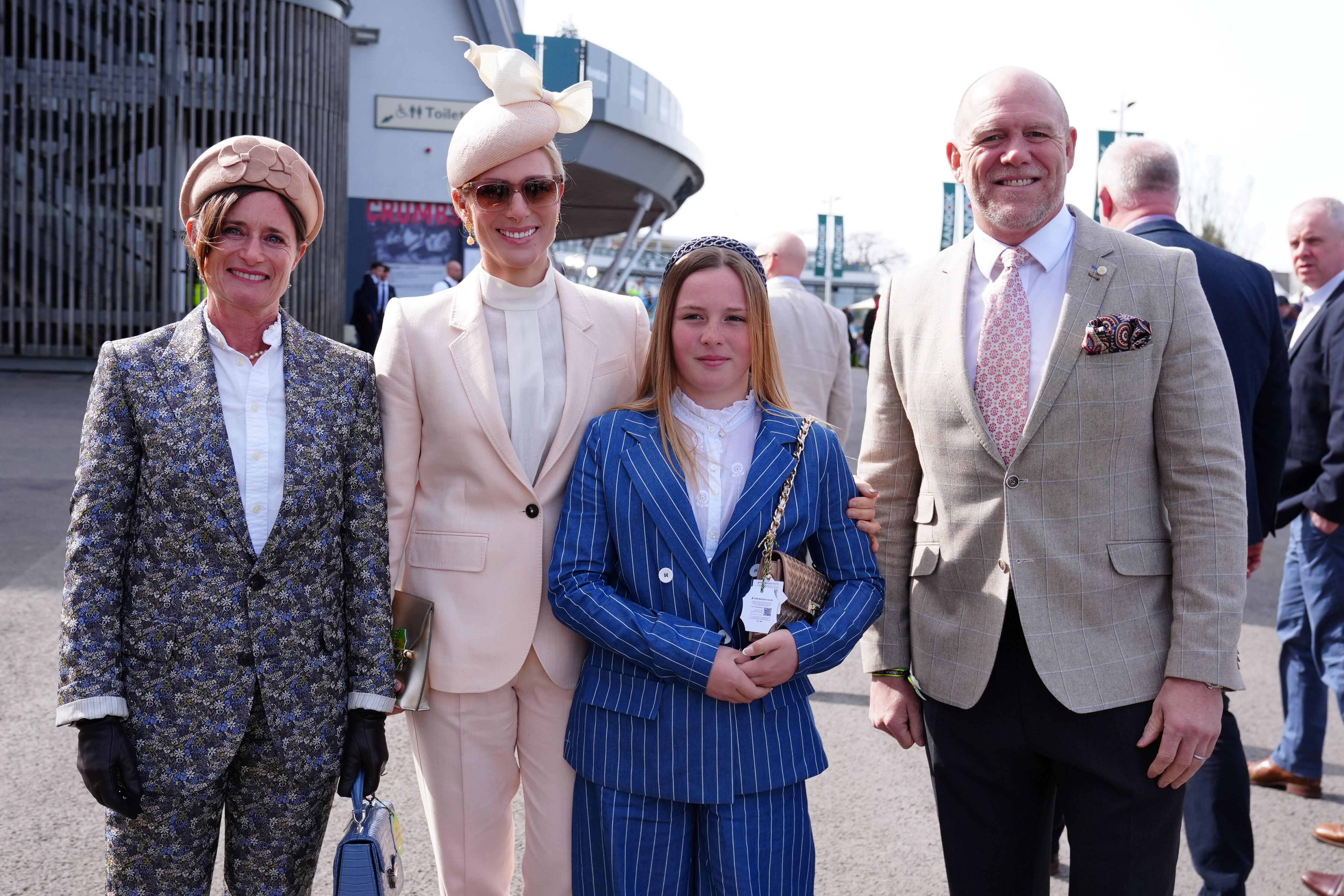 Dolly Maude, Zara Tindall, Mia Tindall and Mia Tindall wearing suits at the Aintree races