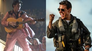 Austin Butler playing guitar in Elvis and Tom Cruise pumping his fist in Top Gun: Maverick, pictured side by side.