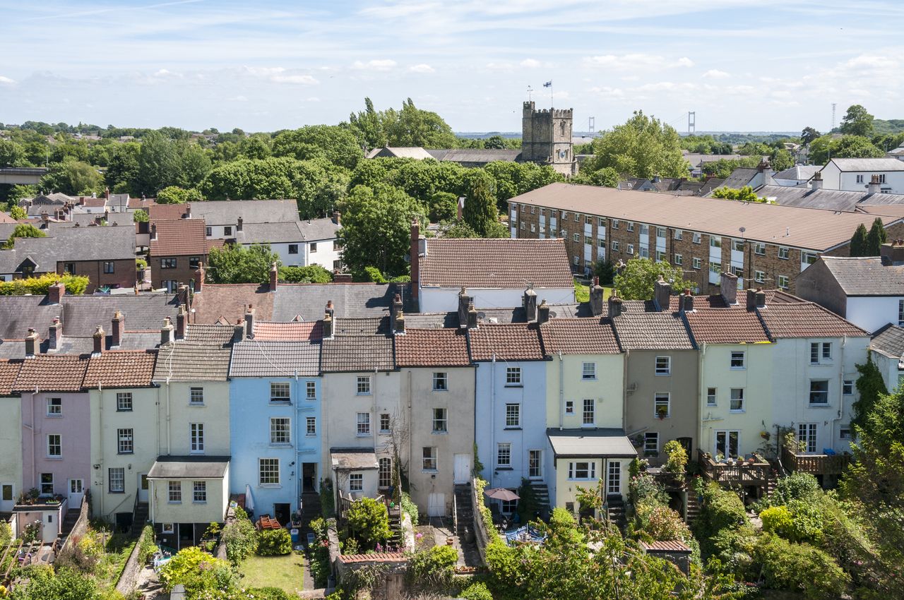 An elevated view of townhouses in Wales